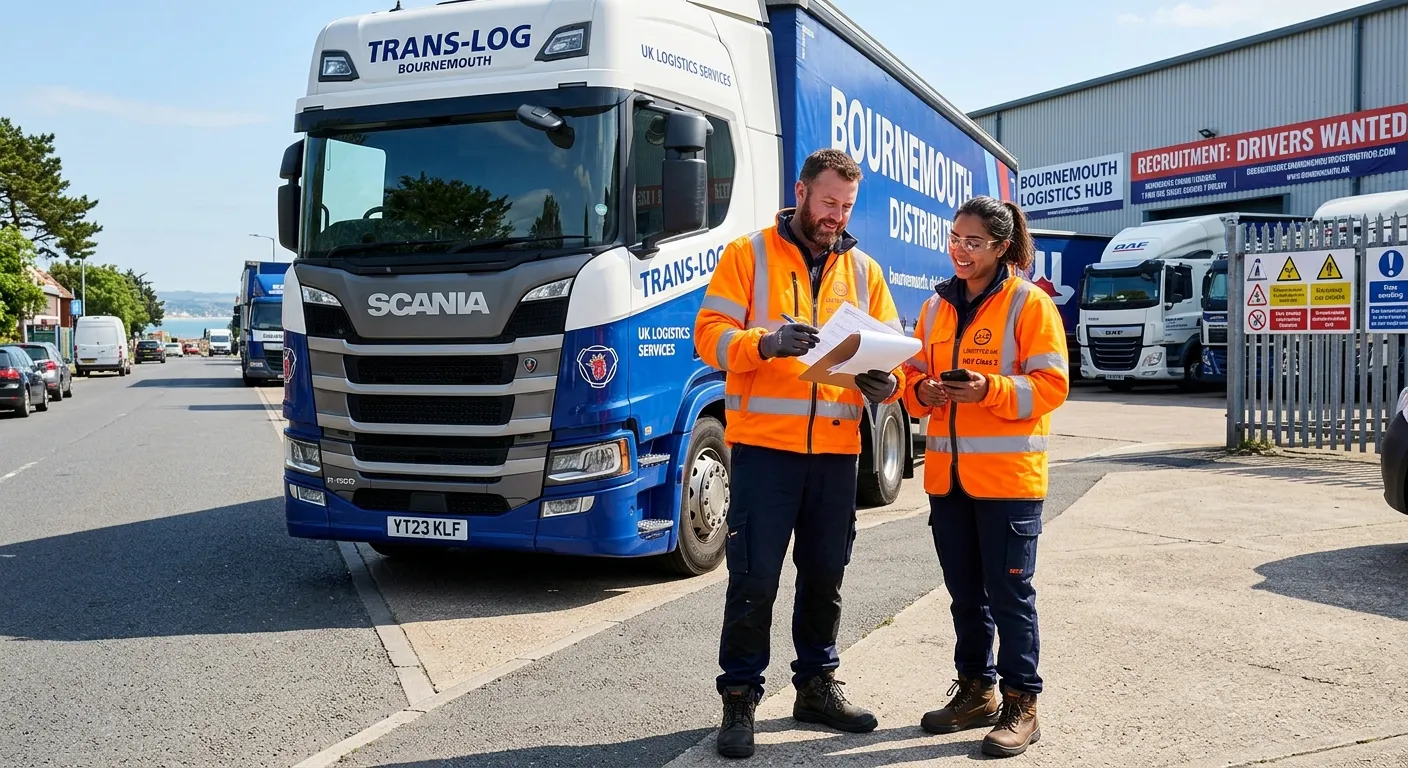 Professional photo of a modern HGV Class 1 and Class 2 driver in high-visibility clothing checking p... Professional photo of a modern HGV Class 1 and Class 2 driver in high-visibility clothing checking paperwork beside a delivery vehicle on a bright Bournemouth street, clean logistics background, confident UK recruitment style