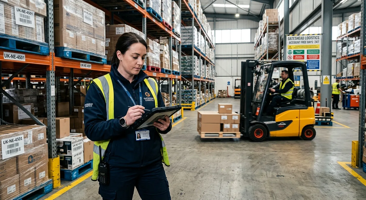 A professional, dynamic shot of a Logistics Coordinator in a modern warehouse in Gateshead, reviewing a digital inventory tablet while a forklift operates safely in the background. Style: Realistic, professional, action-oriented. Mood: Efficient, organised, and high-paced.