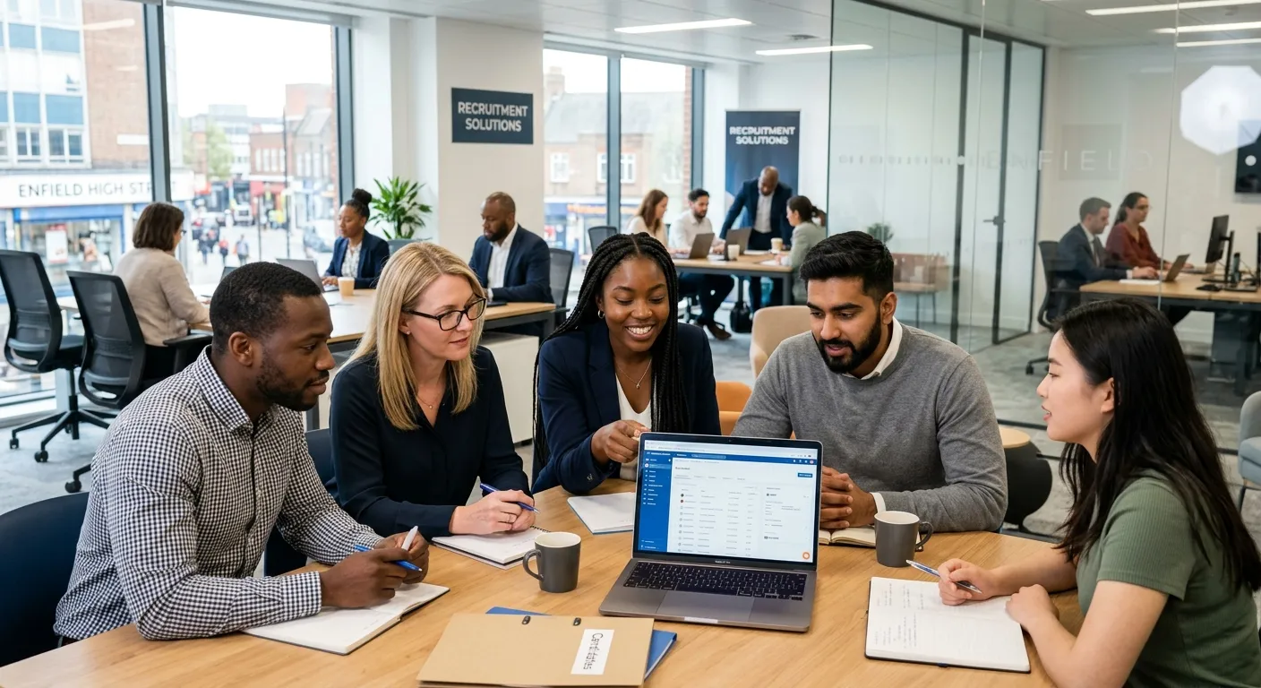 A dynamic, professional photo of a modern office in Enfield or Dartford. A diverse team of recruiters and candidates collaborates around a laptop, looking focused and productive. Style: Authentic, bright, and energetic. Mood: Professional, forward-thinking, and solution-oriented.