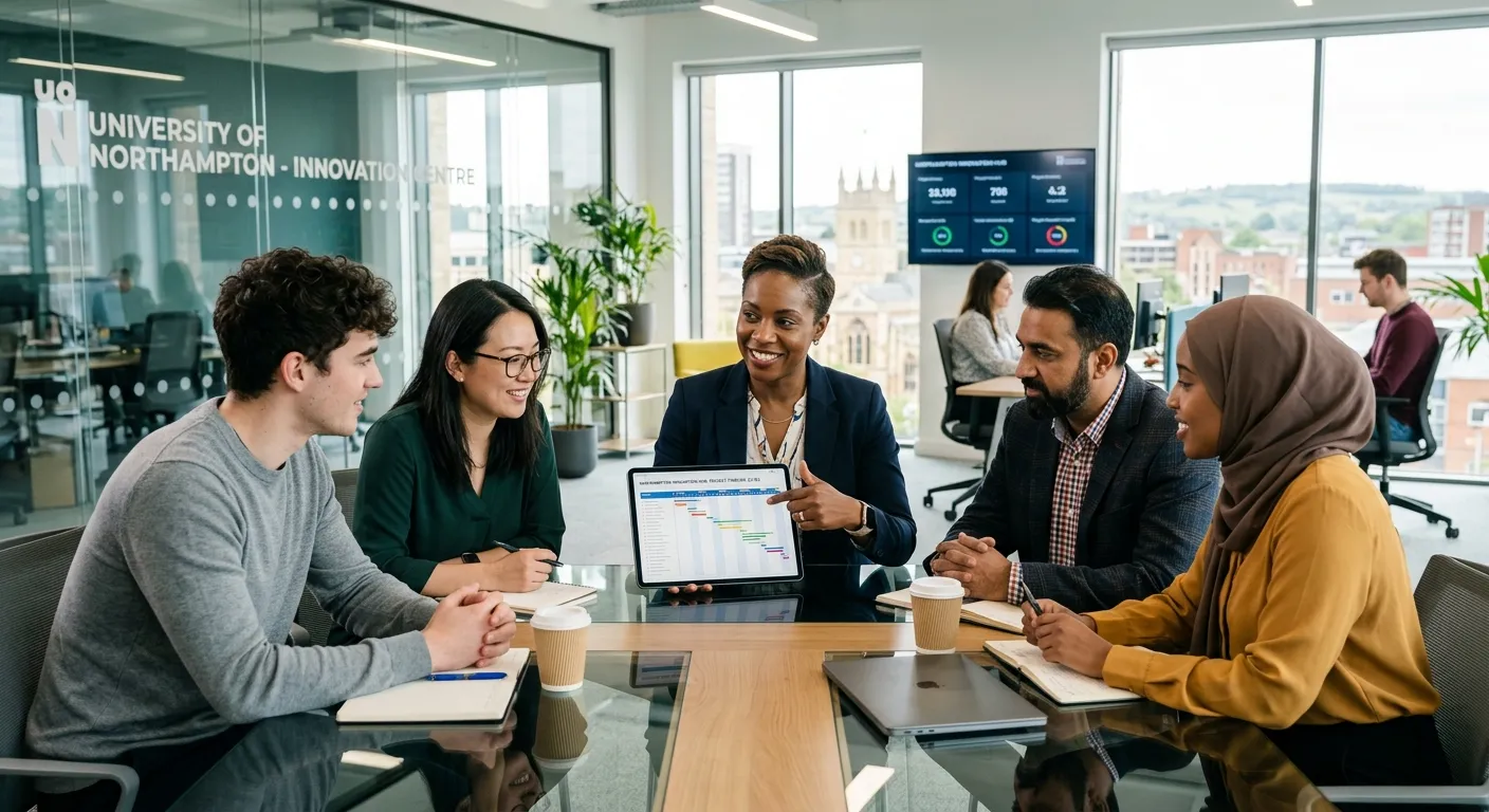 A professional, confident Project Manager in a modern office environment in Northampton, reviewing project plans on a tablet with a diverse team. Style: Bright, professional, aspirational.