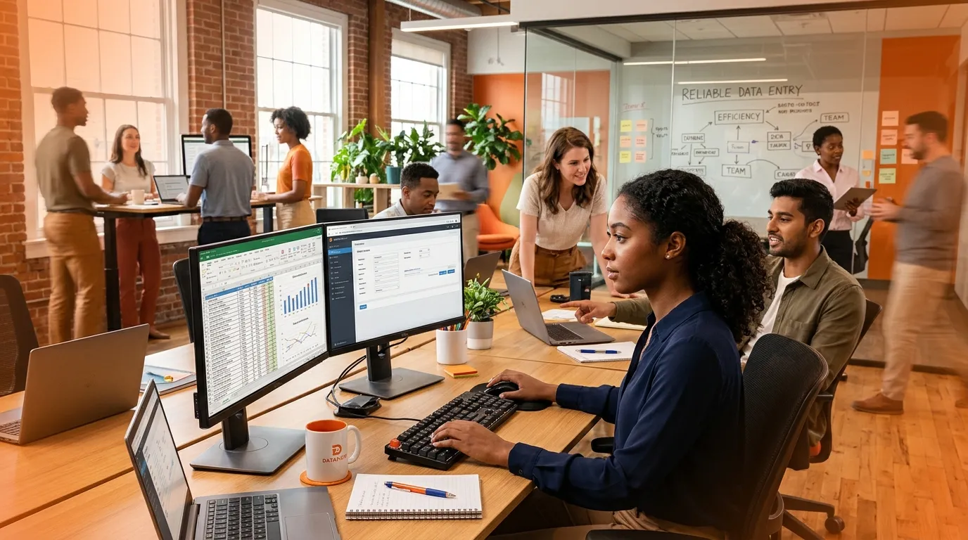 A dynamic, professional hero image showing a diverse team collaborating in a modern office. Focus on... A dynamic, professional hero image showing a diverse team collaborating in a modern office. Focus on a person working efficiently on a computer, symbolizing data entry. Style: vibrant, energetic, with a slight overlay matching the brand's orange accent. Mood: productive, reliable, and fast-paced.