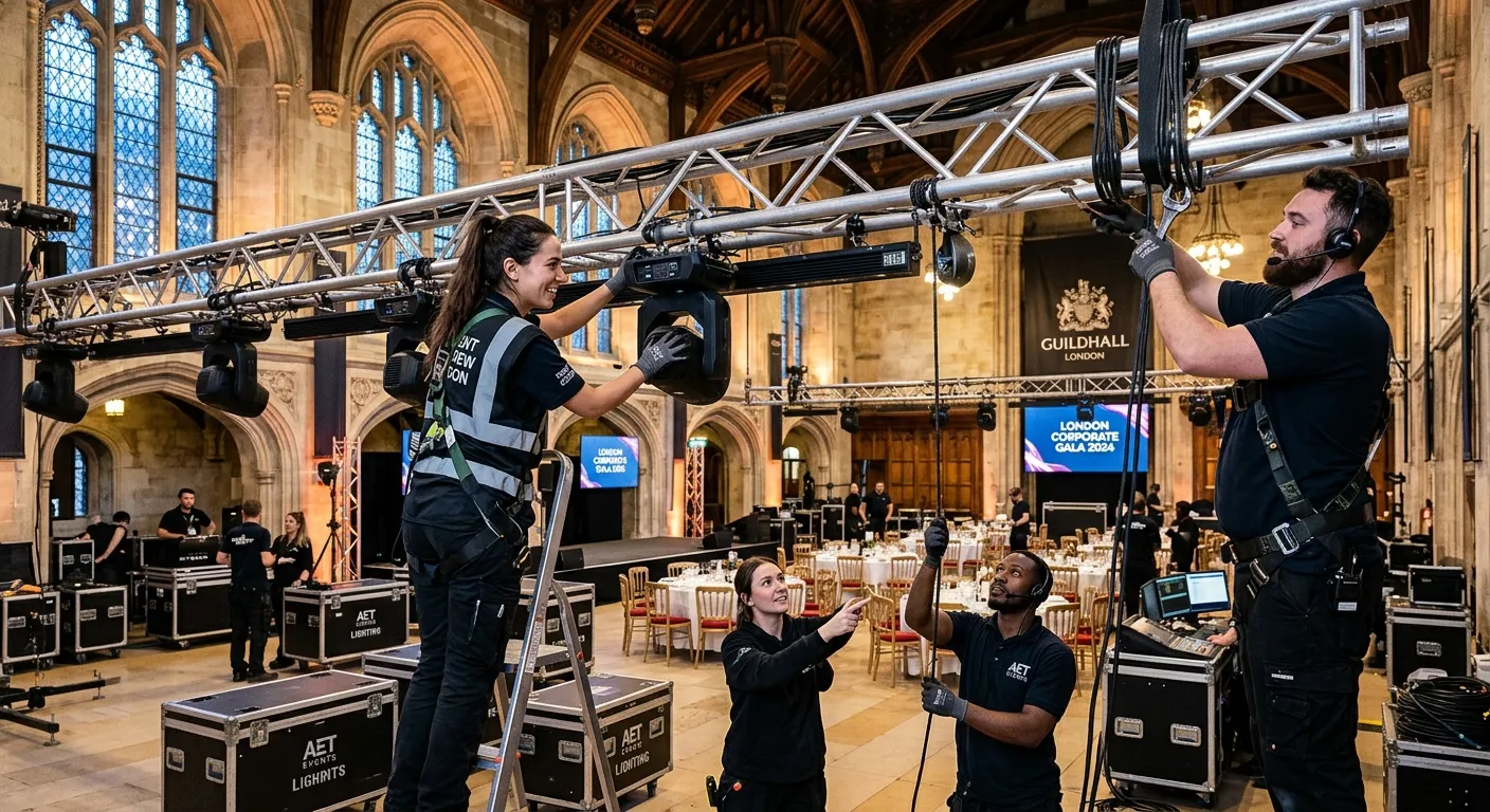 Dynamic, professional photo of a diverse event crew in action at a high-profile London venue, settin... Dynamic, professional photo of a diverse event crew in action at a high-profile London venue, setting up lighting for a corporate gala. The mood is energetic, efficient, and focused. Shot in a modern, crisp style.