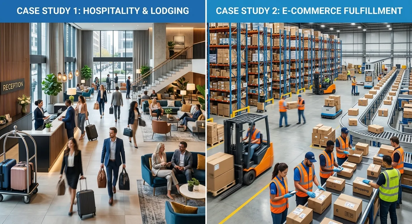 A dynamic, split-screen graphic showing a bustling hotel lobby on one side and a busy, modern e-comm... A dynamic, split-screen graphic showing a bustling hotel lobby on one side and a busy, modern e-commerce warehouse on the other, representing the two case study sectors.