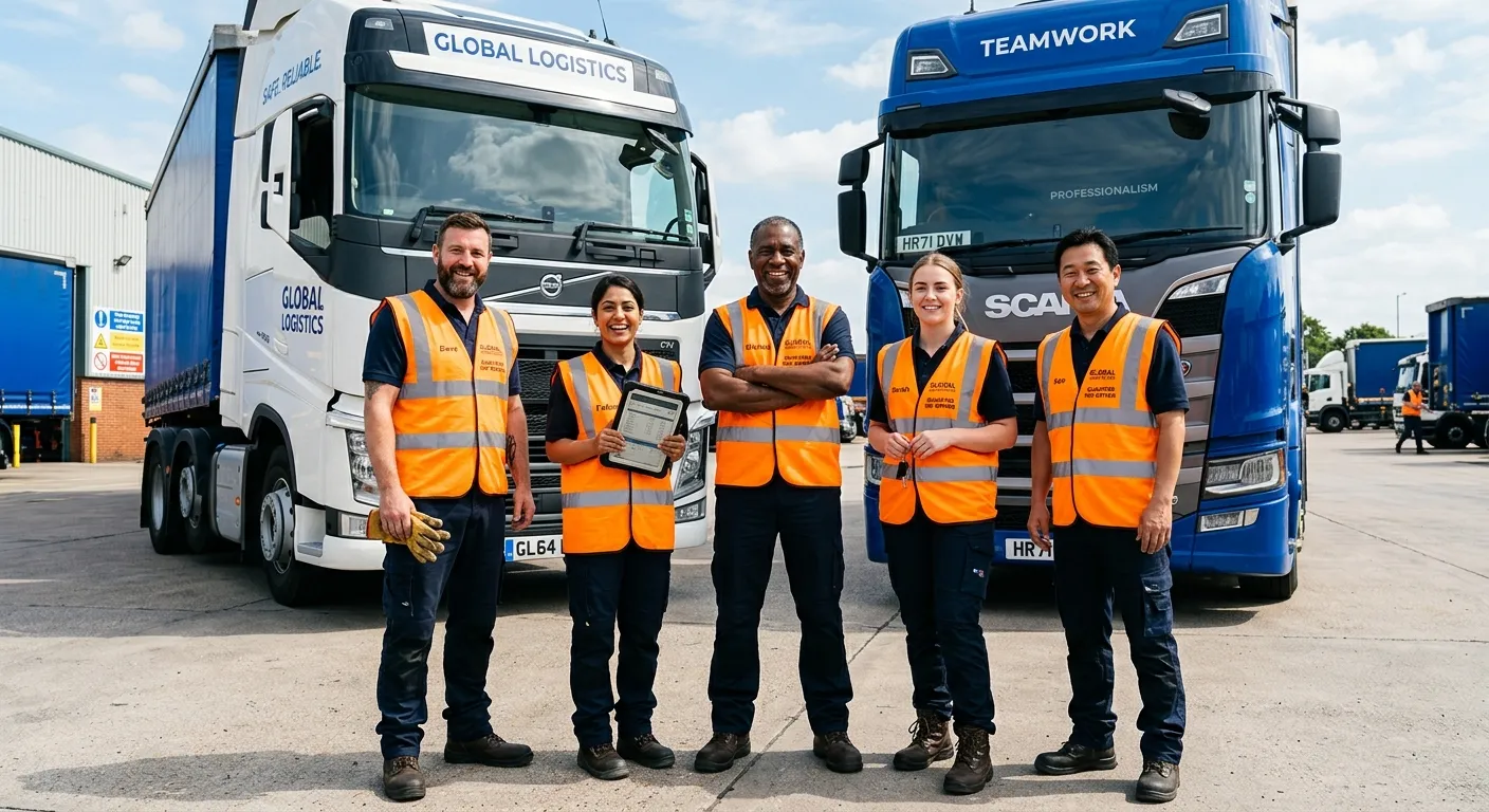 A professional, high-energy shot of a diverse group of qualified HGV drivers in hi-vis vests smiling confidently, standing in front of modern trucks. The image should convey safety, professionalism, and teamwork. Style: Bright, crisp, and inspiring.