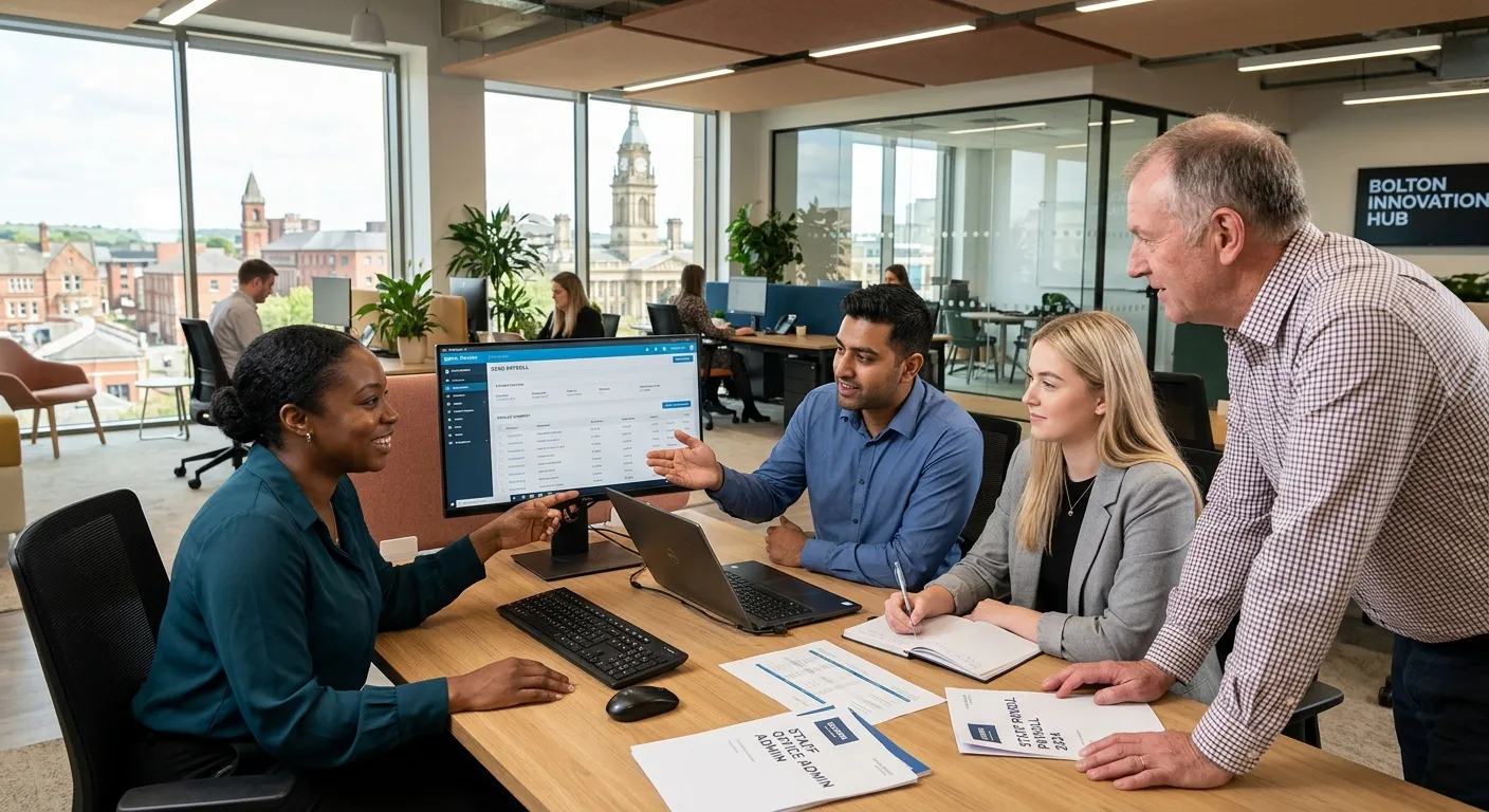 A professional, diverse group of office administrators working collaboratively in a modern Bolton office environment. Style: Bright, authentic, and professional photo showing teamwork and payroll software on screens.