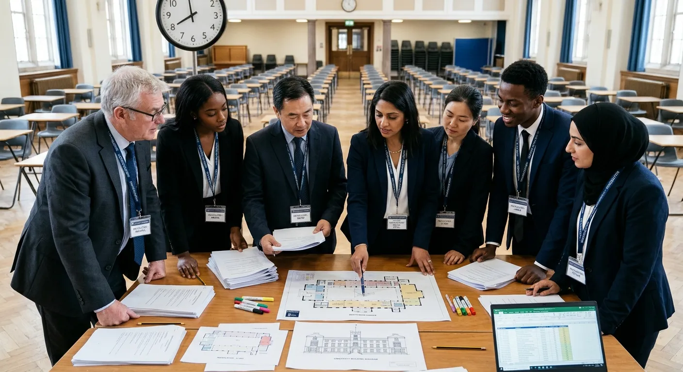 A professional, diverse group of invigilators in a university setting, reviewing exam materials and... A professional, diverse group of invigilators in a university setting, reviewing exam materials and floor plans with a venue coordinator, looking focused and prepared.