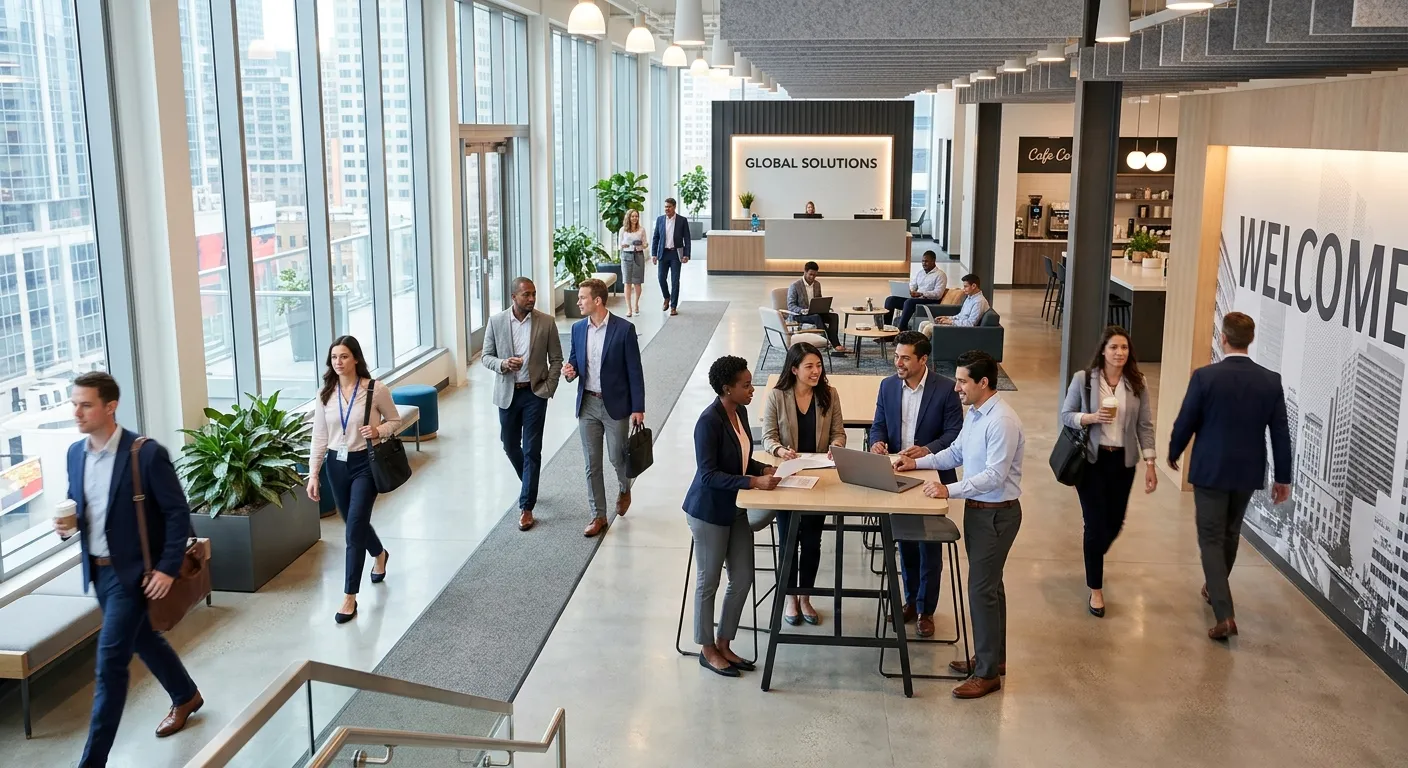 Modern office lobby with diverse temporary workers in professional attire walking and collaborating,... Modern office lobby with diverse temporary workers in professional attire walking and collaborating, high-angle shot, bright and dynamic mood
