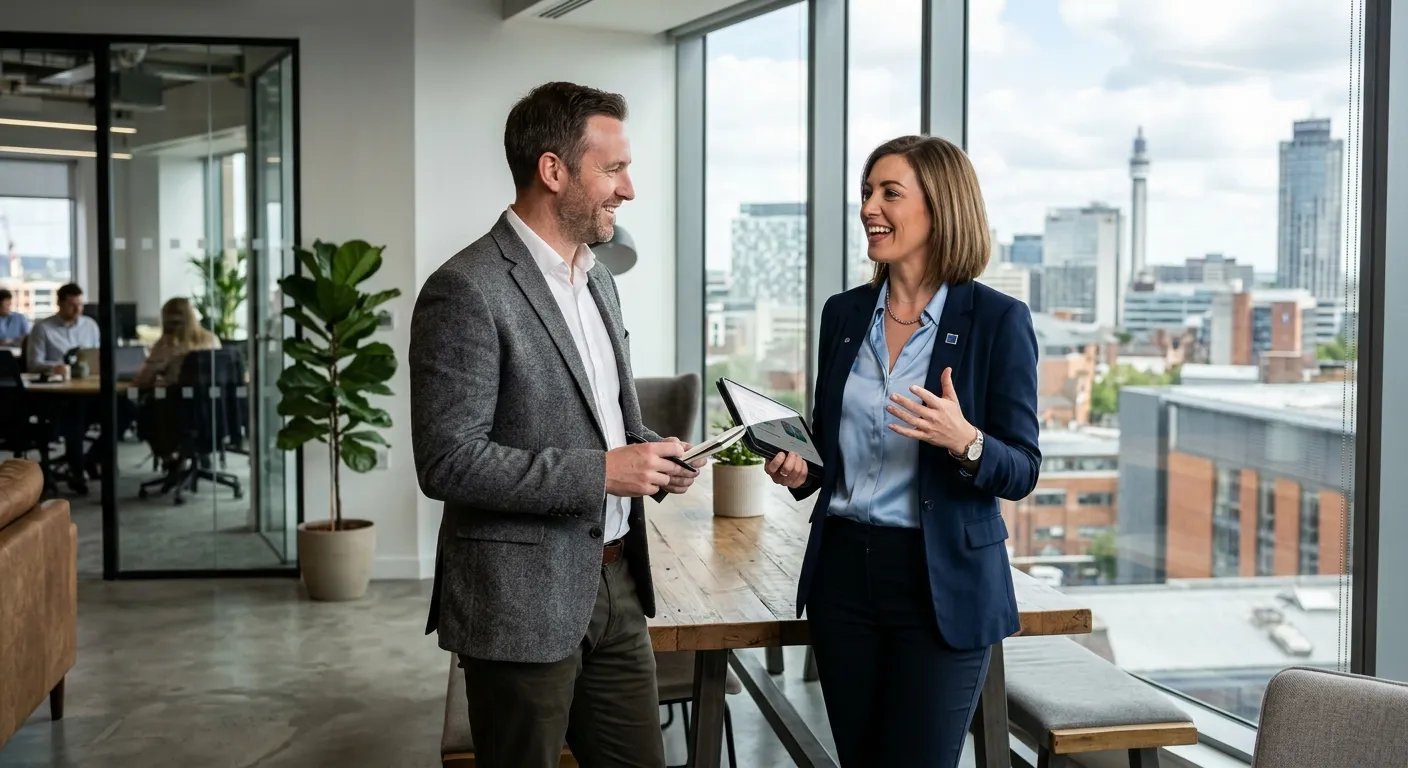 A professional, confident salesperson in a business-casual outfit, smiling and speaking with a client in a modern Birmingham office setting, with the Birmingham skyline subtly visible through a window.