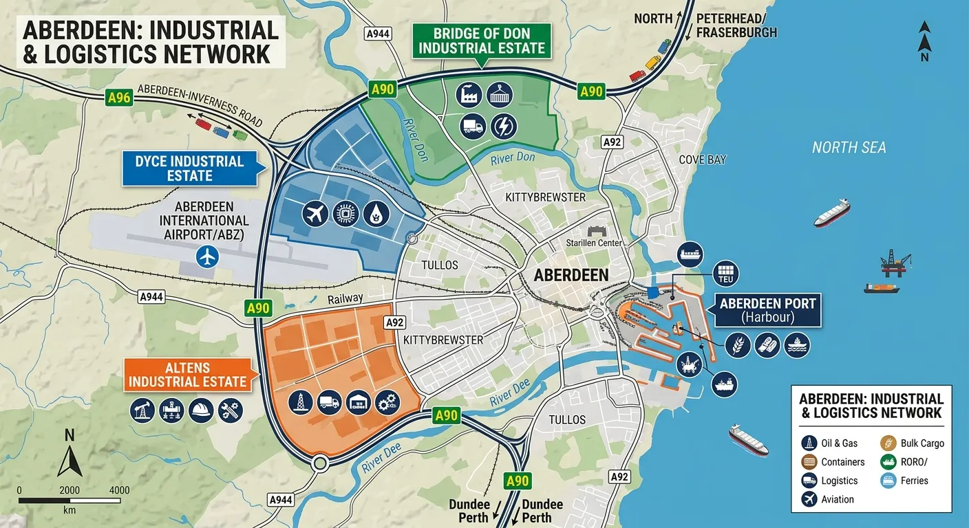 A detailed map graphic highlighting Aberdeen's key industrial estates (Altens, Dyce, Bridge of Don), port area, and major trunk roads (A90, A96) with icons for different cargo types.
