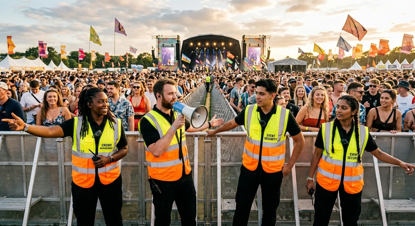 A professional, diverse team of crowd management staff in high-visibility vests, confidently managin... A professional, diverse team of crowd management staff in high-visibility vests, confidently managing a large, orderly crowd at an outdoor festival, shot from a low angle to convey authority and control. Modern, vibrant style.