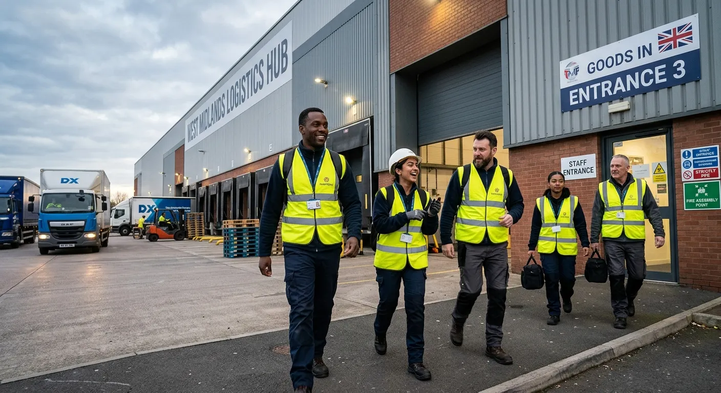 A dynamic, professional photo of a diverse team of temporary workers in high-visibility vests arrivi... A dynamic, professional photo of a diverse team of temporary workers in high-visibility vests arriving on-site at a UK warehouse or logistics centre. The mood is urgent, efficient, and solution-oriented, with a focus on action and readiness.