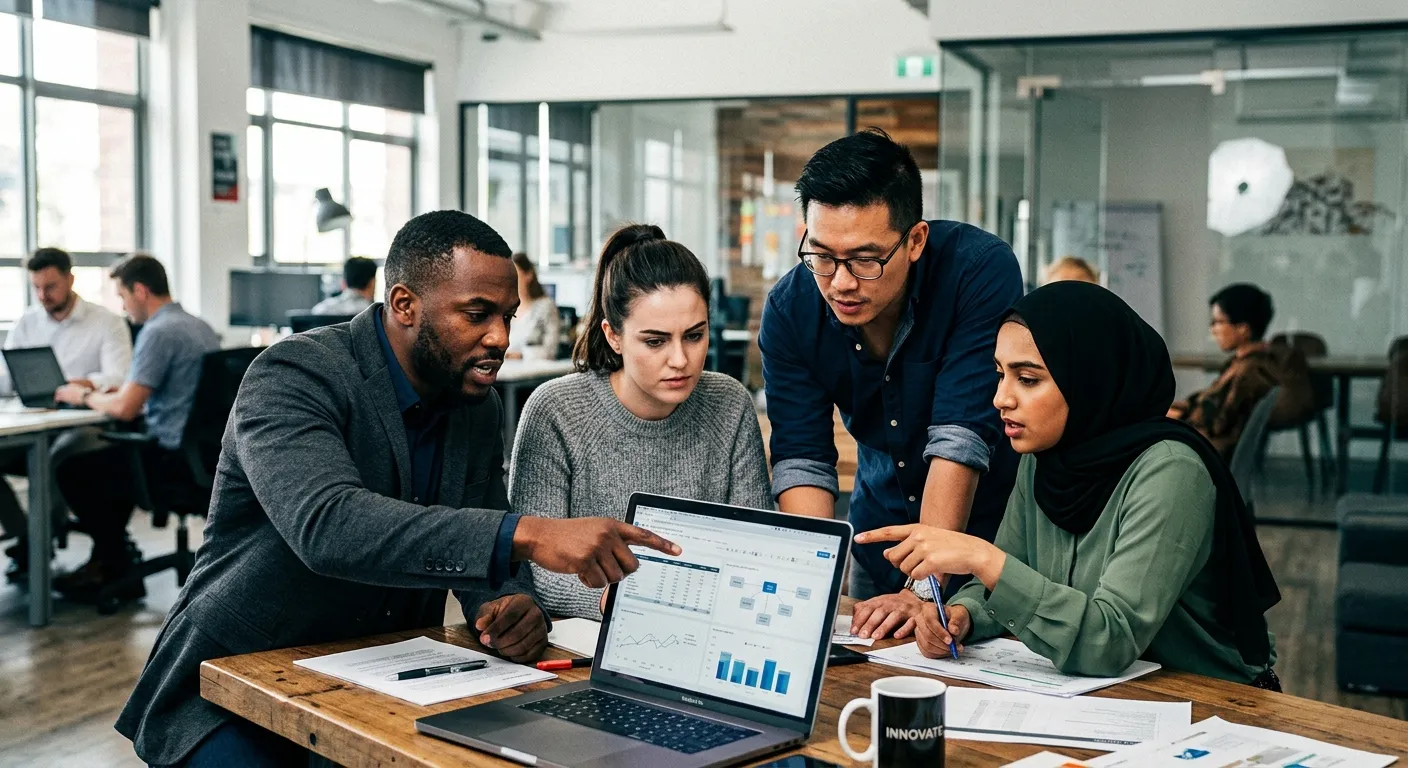 A dynamic, high-energy photo of a diverse team in a modern office collaborating around a laptop. Focus on expressions of determination and problem-solving. The mood is urgent yet professional, with a vibrant, slightly desaturated color grade.