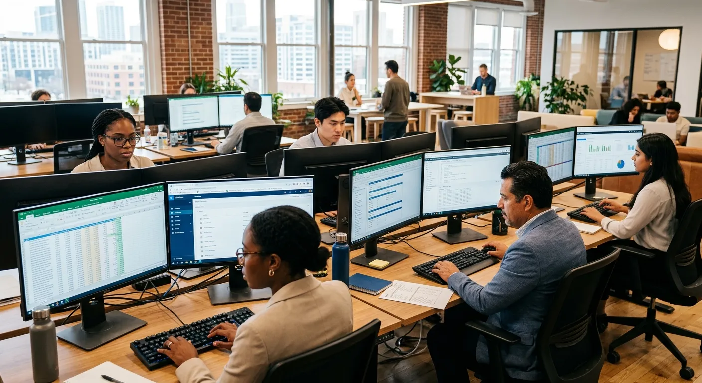 A dynamic, professional hero image showing a diverse team of data entry specialists working efficien... A dynamic, professional hero image showing a diverse team of data entry specialists working efficiently in a modern office environment, with multiple monitors displaying spreadsheets and databases. Style: Vibrant, sharp, and focused. Mood: Productive, efficient, and technologically adept.