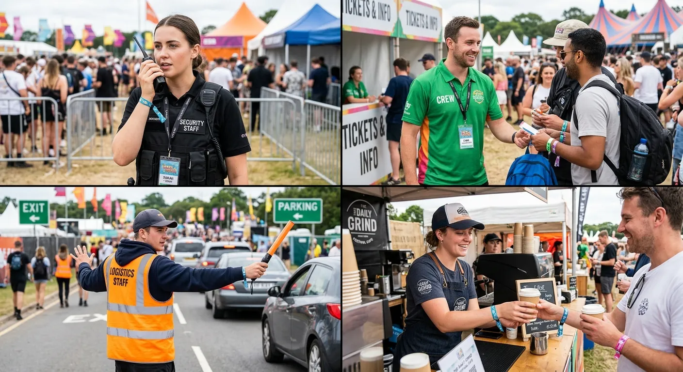 A dynamic, split-screen image showing four different festival staff members in action: a security gu... A dynamic, split-screen image showing four different festival staff members in action: a security guard radioing in, a hospitality host welcoming guests, a logistics crew member guiding traffic, and a barista serving drinks, all looking professional and engaged.