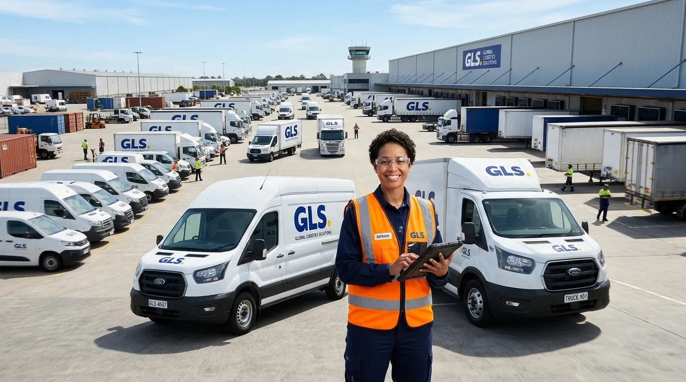 A dynamic, professional hero image showing a diverse fleet of modern vans and trucks on a logistics depot, with a friendly driver in high-visibility gear smiling at the camera. Bright daytime, sharp focus, conveying reliability and scale.