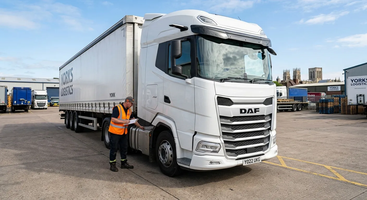 Professional photograph of a modern Class 1 HGV artic lorry parked in a logistics yard in York, with... Professional photograph of a modern Class 1 HGV artic lorry parked in a logistics yard in York, with a driver in high-visibility vest performing a vehicle check. Bright, clear day, focus on the vehicle and professional driver.