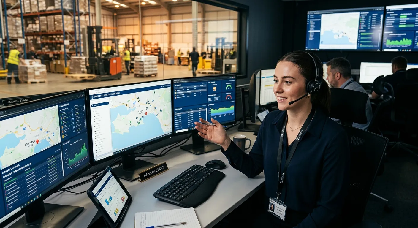 Modern, professional hero image showing a Logistics Coordinator in an active warehouse control room... Modern, professional hero image showing a Logistics Coordinator in an active warehouse control room in Swansea, speaking on a headset while monitoring multiple screens. Style: Realistic, energetic, professional.