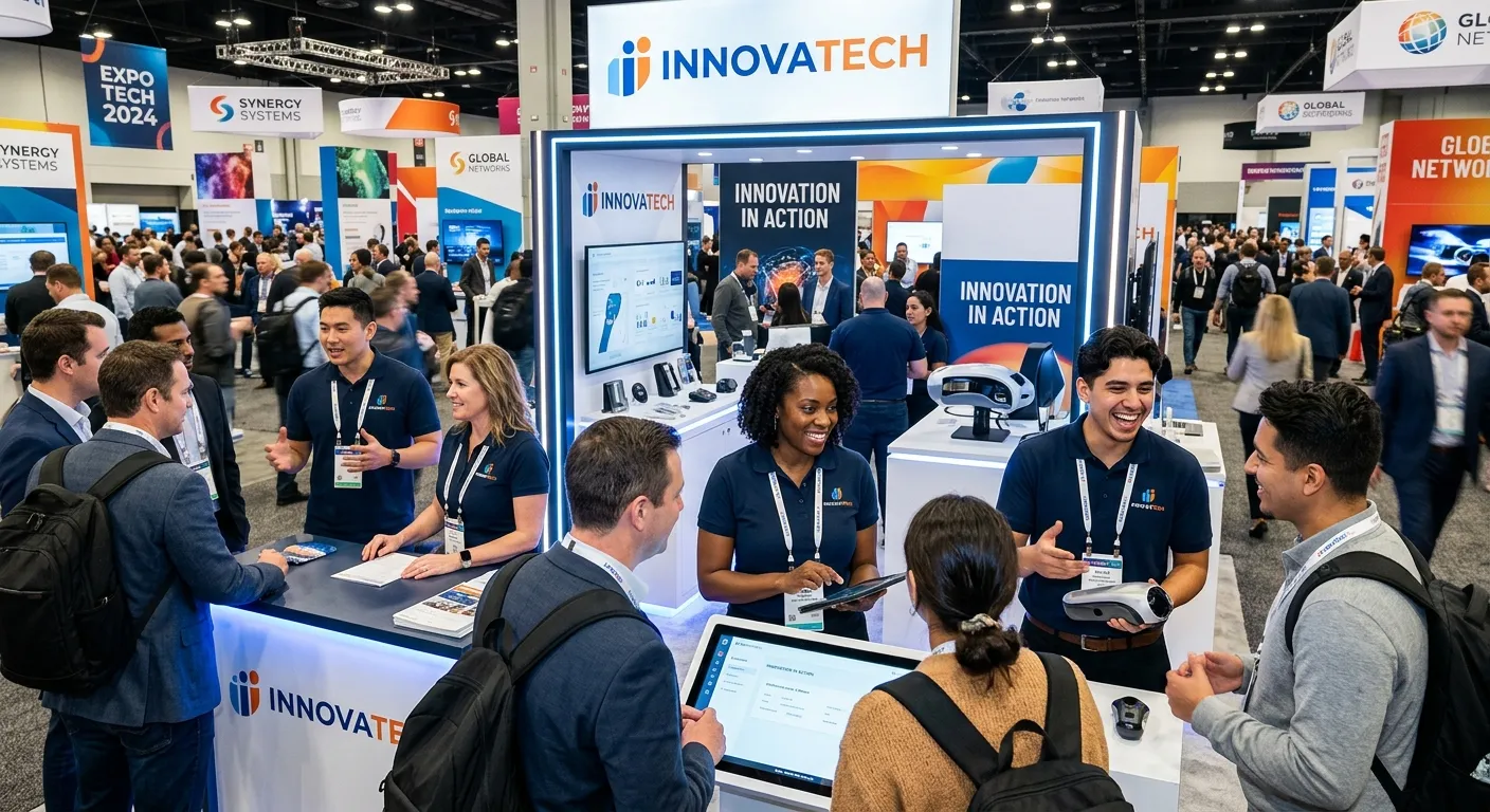 A dynamic, high-energy hero image showing a diverse team of professional exhibition staff in action at a large trade show. They are engaging with attendees, showcasing products, and managing a sleek, modern booth. The style is vibrant, professional, and conveys motion and success.