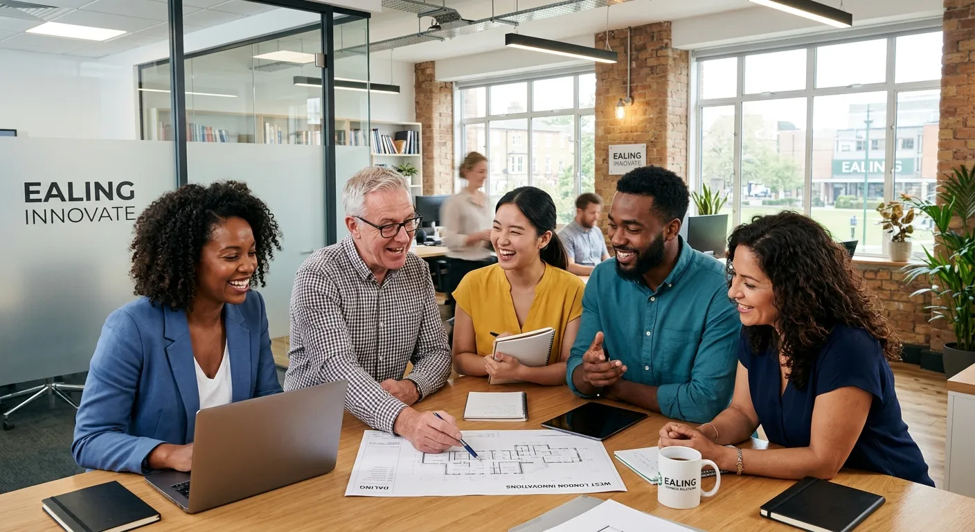 A dynamic, professional photo of a diverse team of workers in an Ealing business setting, smiling and collaborating in a modern office or light industrial space. Style should be bright, energetic, and convey trust and efficiency.