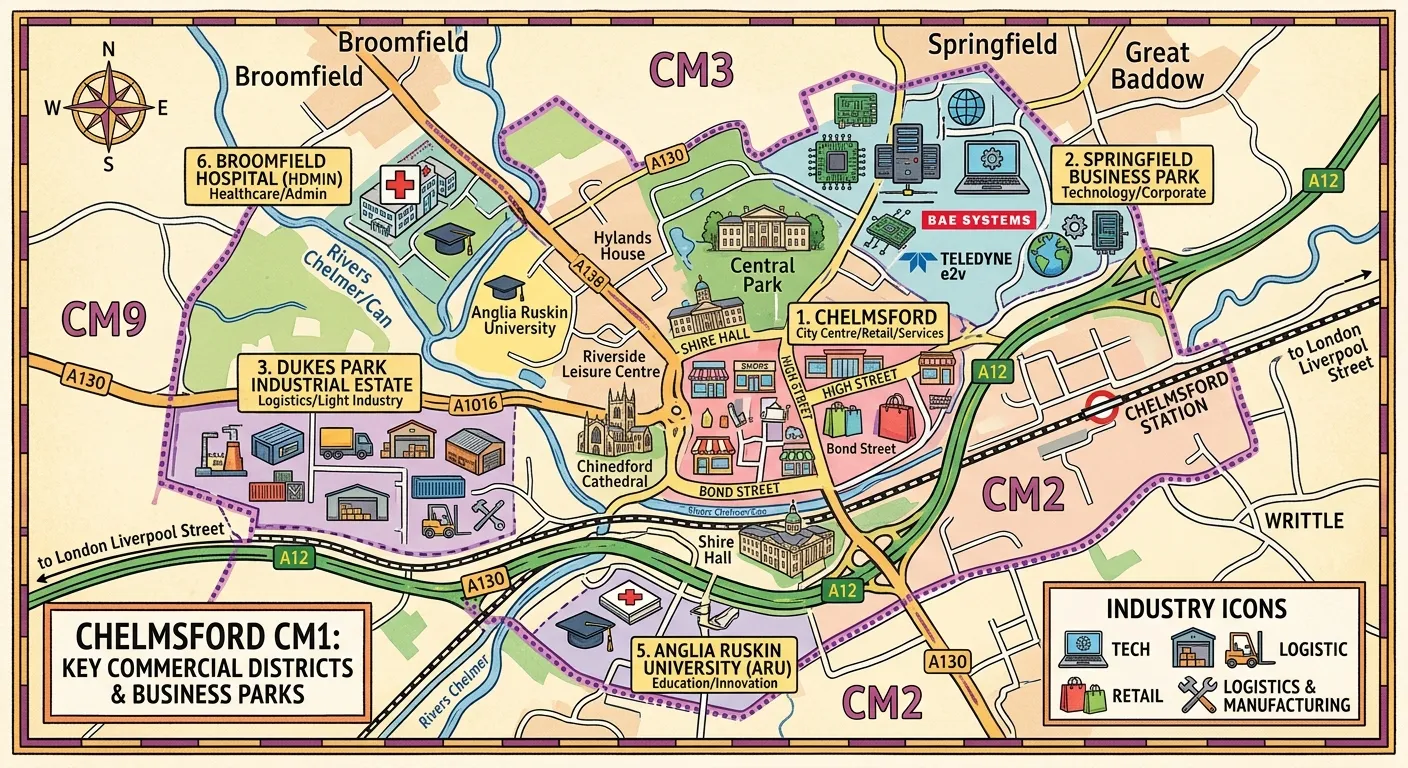 A detailed map illustration highlighting the key commercial districts and business parks within Chelmsford CM1, with icons representing different industries like tech, logistics, and retail.