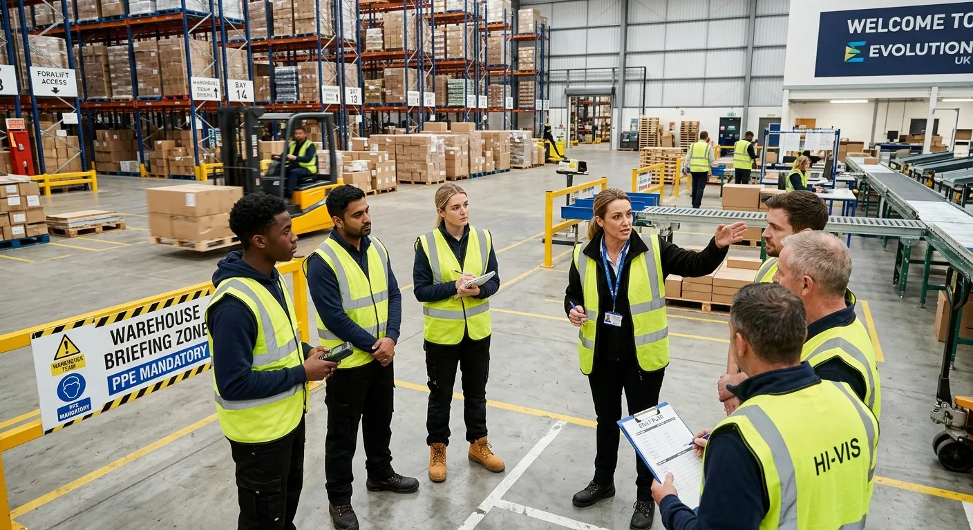 A dynamic, professional photo of a diverse group of industrial and office temporary workers being br... A dynamic, professional photo of a diverse group of industrial and office temporary workers being briefed by a manager in a modern UK warehouse or light industrial setting, showing urgency and teamwork. Mood: confident, efficient, and solution-oriented.