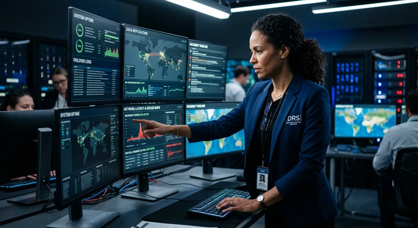 A modern, professional Disaster Recovery Senior Analyst in a high-tech command center, analyzing multiple data screens showing network maps and recovery metrics, with a focused and confident expression. Style: Professional, sharp, high-contrast. Mood: Authoritative, resilient, forward-thinking.