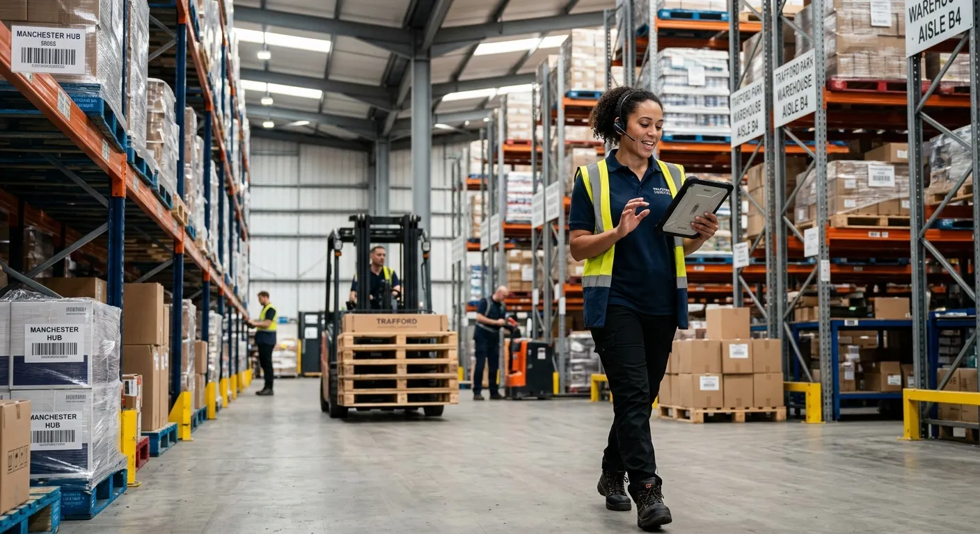 A professional, energetic photo of a Logistics Coordinator in a modern Trafford Park warehouse, spea... A professional, energetic photo of a Logistics Coordinator in a modern Trafford Park warehouse, speaking on a headset while reviewing a digital tablet. The image should convey efficiency, technology, and the dynamic industrial setting of Manchester's logistics hub.