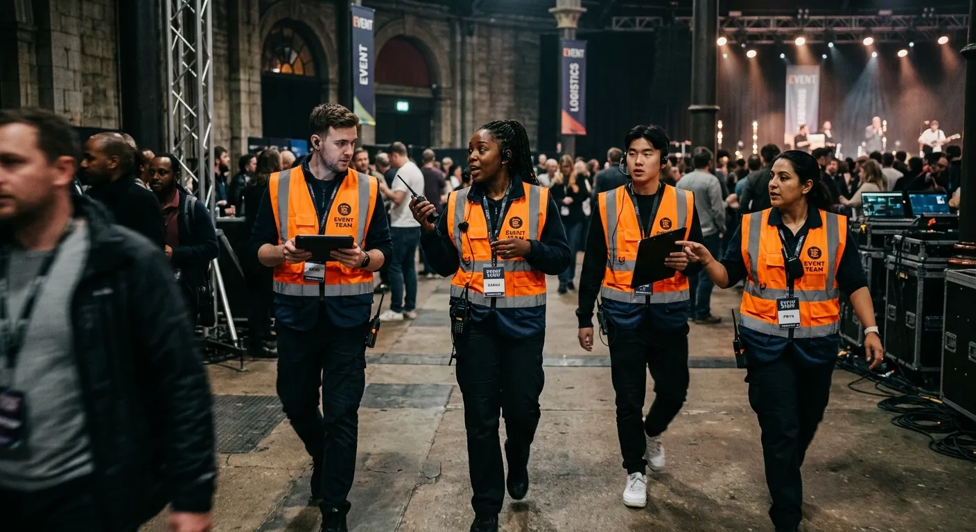A dynamic, professional photo of a diverse event team in high-visibility vests coordinating swiftly at a London venue, conveying urgency and efficiency. Moody, slightly desaturated style with vibrant orange accents.