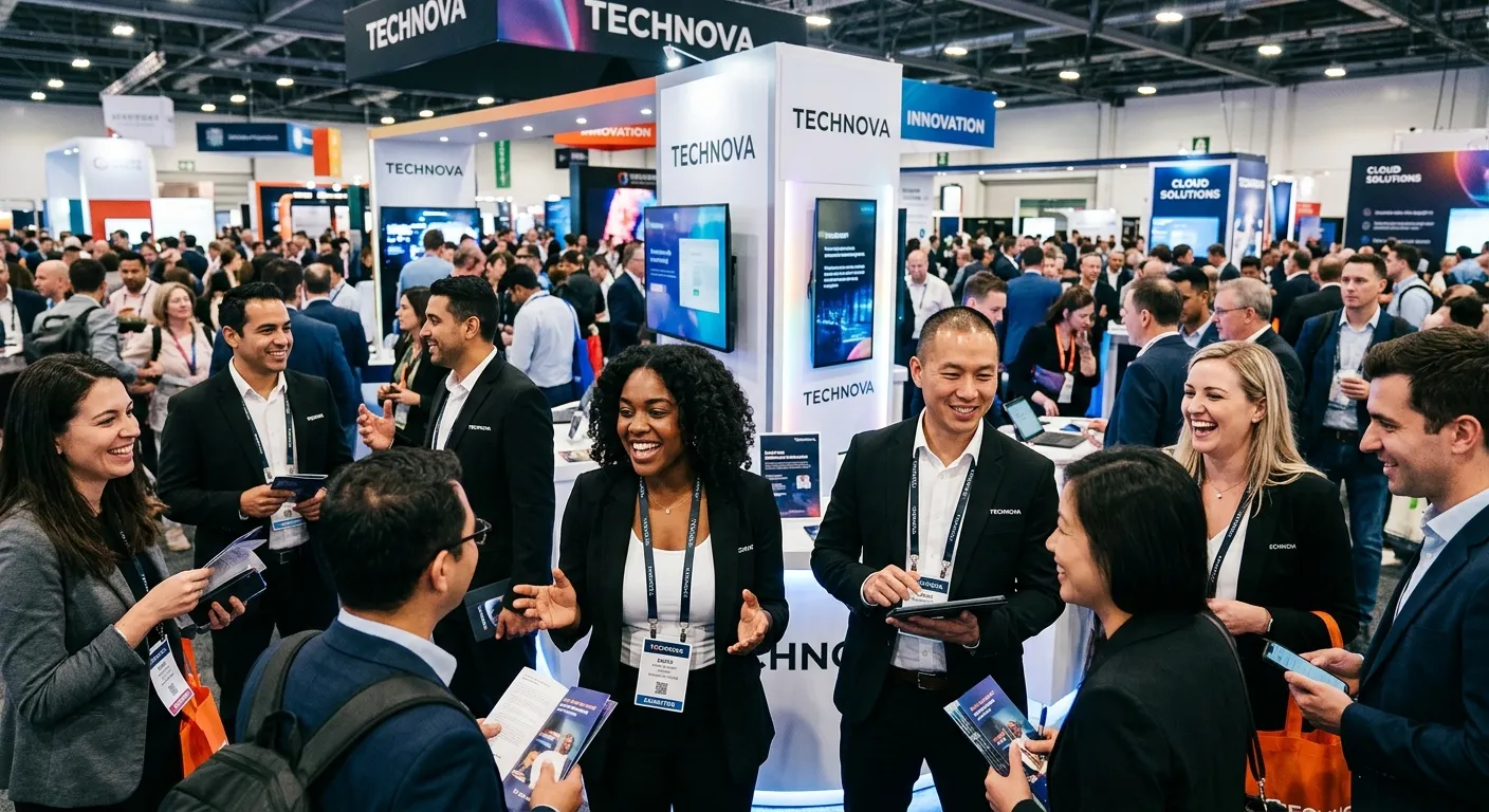 A dynamic, high-energy shot of a diverse team of professional exhibition stand hosts and brand ambas... A dynamic, high-energy shot of a diverse team of professional exhibition stand hosts and brand ambassadors engaging with attendees at a modern, bustling trade show. Professional, vibrant, and confident mood.