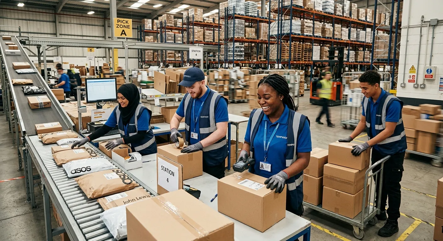 A dynamic, high-energy photograph of a diverse team of temporary workers collaborating in a modern U... A dynamic, high-energy photograph of a diverse team of temporary workers collaborating in a modern UK warehouse or event space. The style should be professional, vibrant, and convey a sense of motion and efficiency.