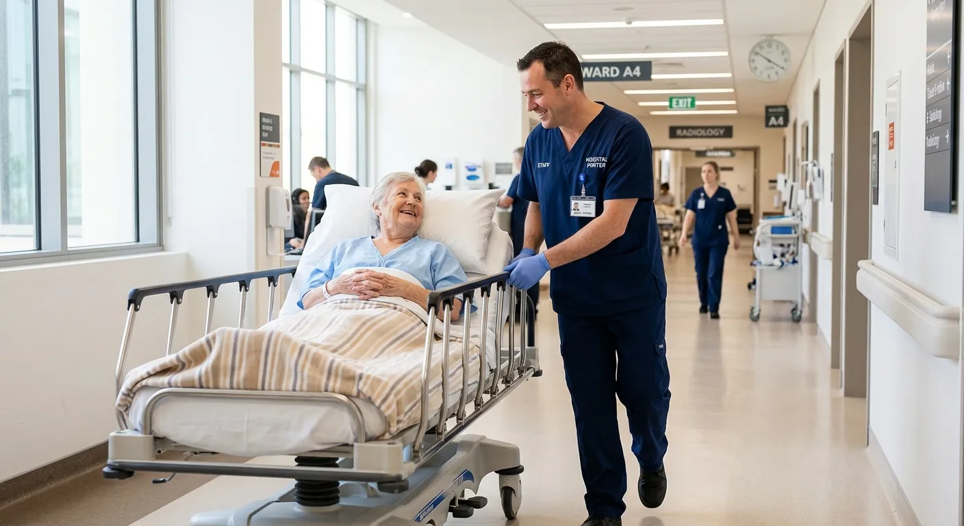 A professional, friendly hospital porter in uniform carefully pushing a patient on a trolley down a... A professional, friendly hospital porter in uniform carefully pushing a patient on a trolley down a bright, clean hospital corridor, smiling and interacting with the patient.