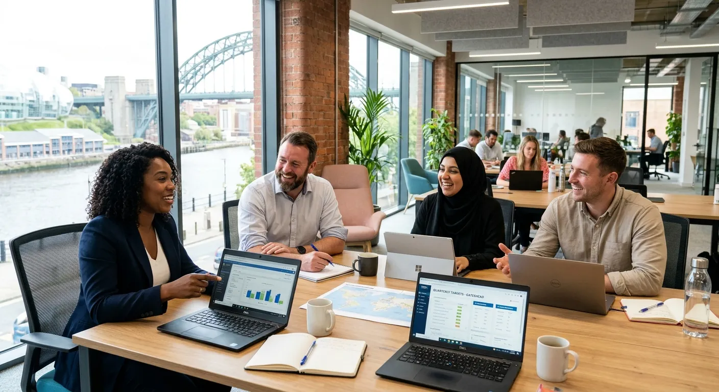 A professional, diverse team of sales representatives in a modern Gateshead office setting, discussing strategy with laptops and smiling. Style: Bright, authentic, and action-oriented.