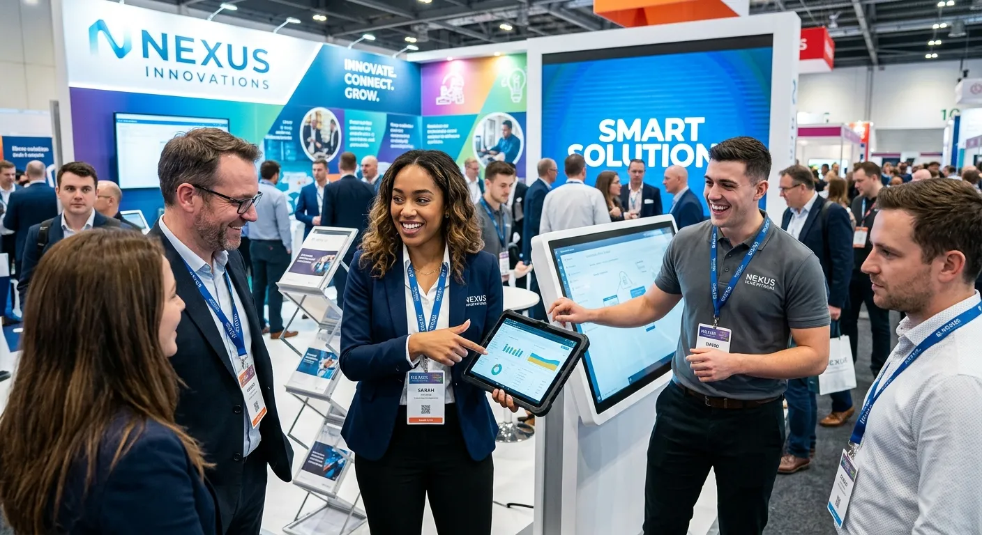 A dynamic, high-energy shot of a diverse team of professional exhibition stand staff engaging with a... A dynamic, high-energy shot of a diverse team of professional exhibition stand staff engaging with attendees at a modern trade show booth. Focus on their confident body language, branded attire, and interactive product demonstration. Style: Professional, vibrant, and aspirational.