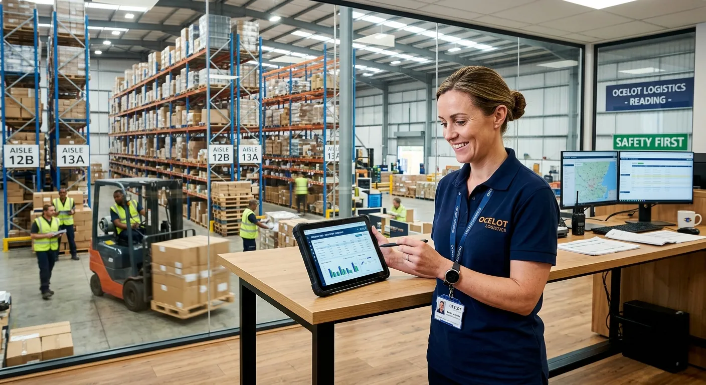 A professional, energetic photo of a Logistics Coordinator in a modern warehouse office in Reading.... A professional, energetic photo of a Logistics Coordinator in a modern warehouse office in Reading. They are using a tablet to check inventory, with warehouse shelves and colleagues in the background. Style: modern, bright, professional, UK industrial setting.