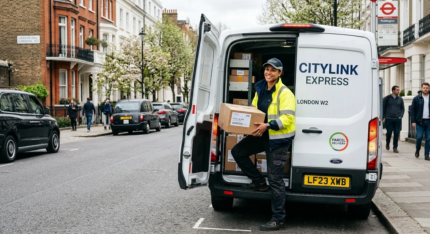 A professional, confident multi-drop driver in high-visibility clothing, loading packages into a modern van on a street in London W2, conveying efficiency and reliability.