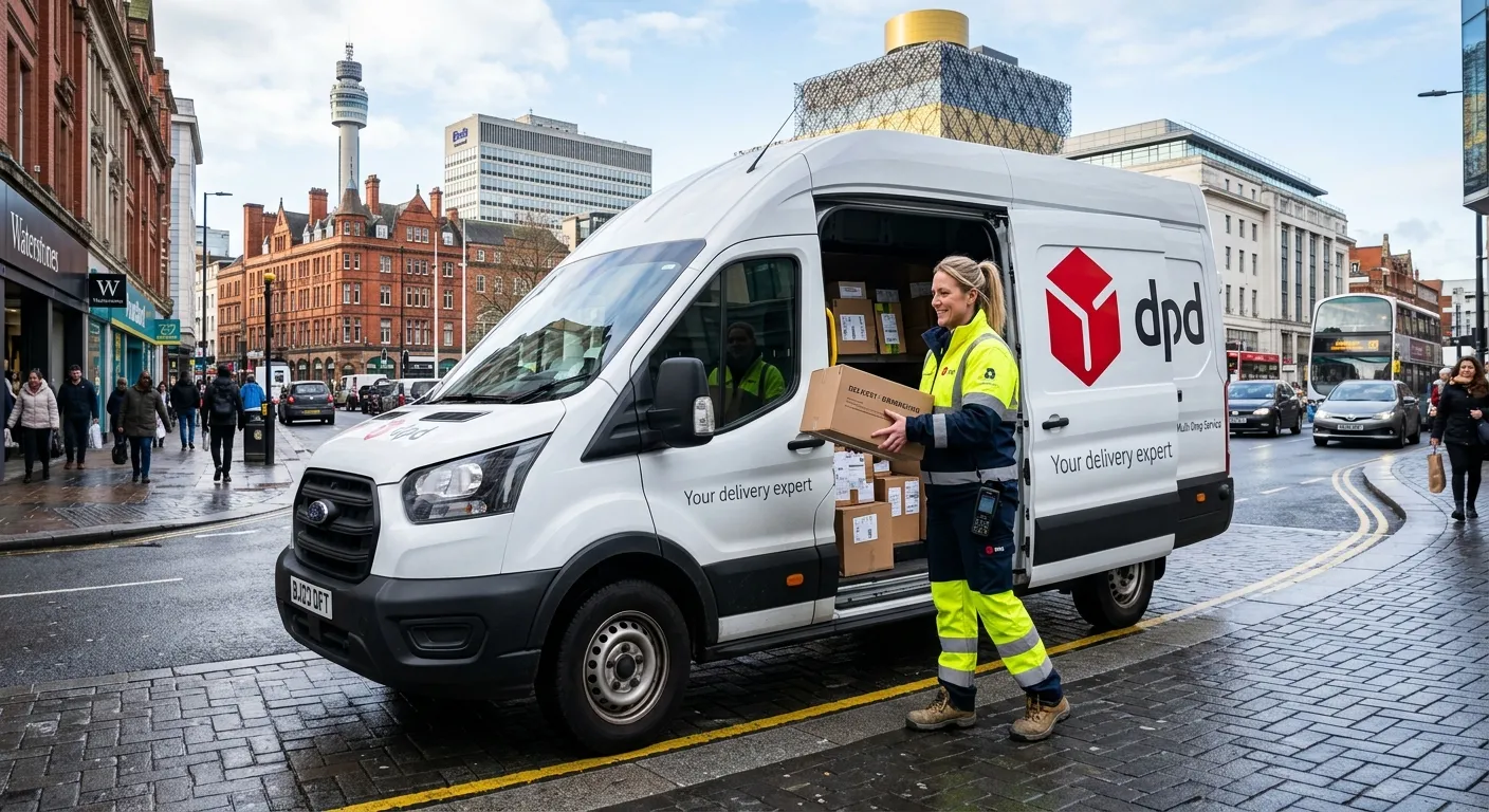 A professional, confident Multi-Drop Driver in high-visibility clothing, loading parcels into a mode... A professional, confident Multi-Drop Driver in high-visibility clothing, loading parcels into a modern van on a street in Birmingham city centre. The image should convey efficiency, reliability, and local context.