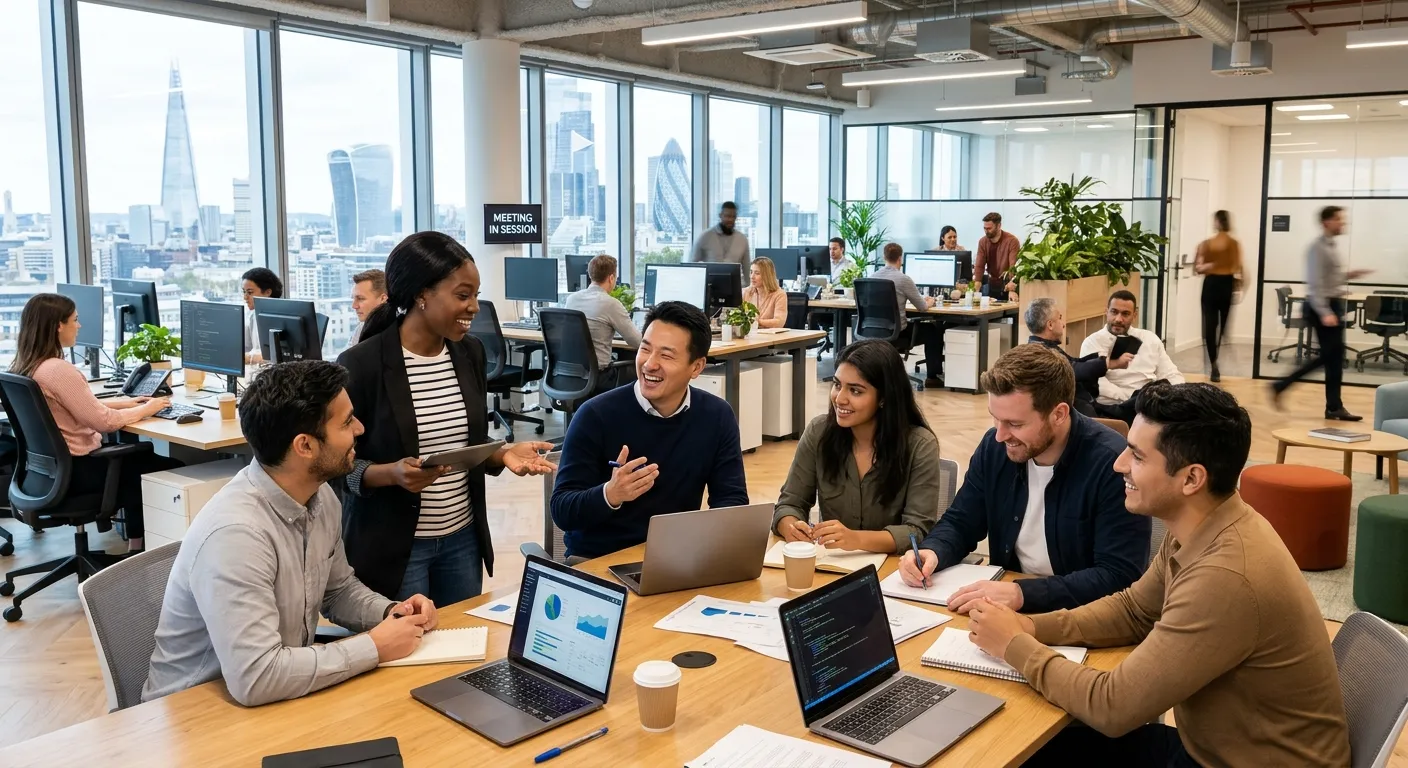 A modern, bustling London office scene with a diverse group of temporary professionals collaborating... A modern, bustling London office scene with a diverse group of temporary professionals collaborating in a bright, open-plan workspace. Style: Professional, dynamic, and inclusive stock photo.