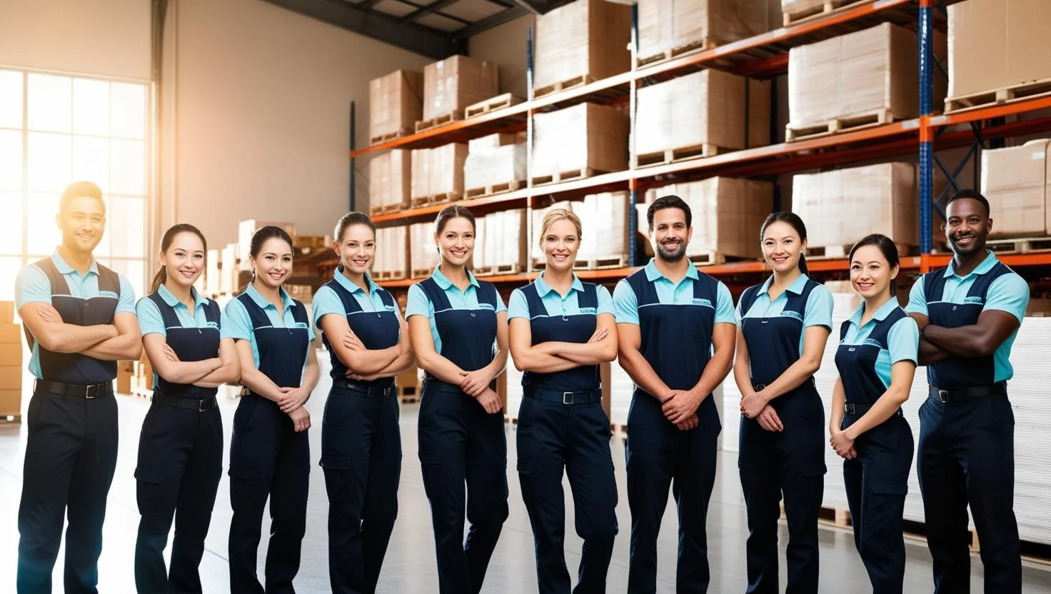 A team of warehouse staff in a discussion