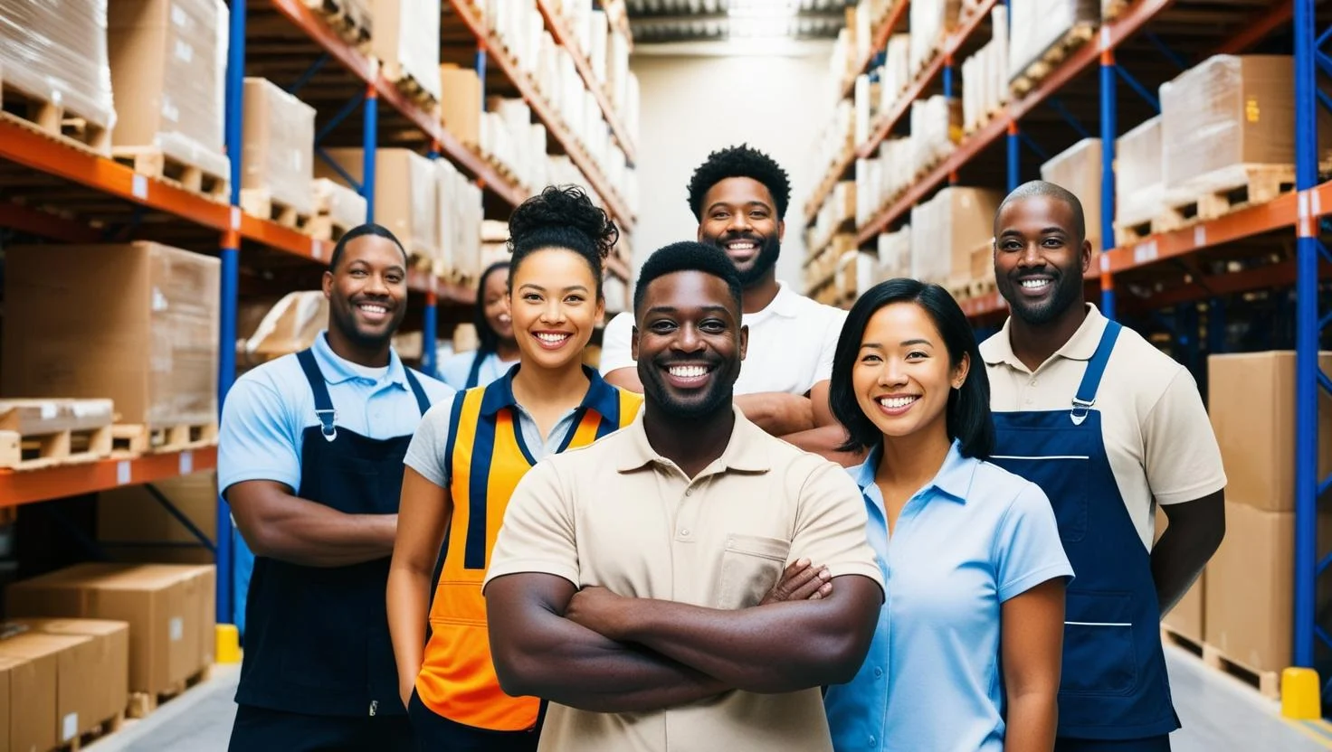 A team of warehouse operatives working in a large facility