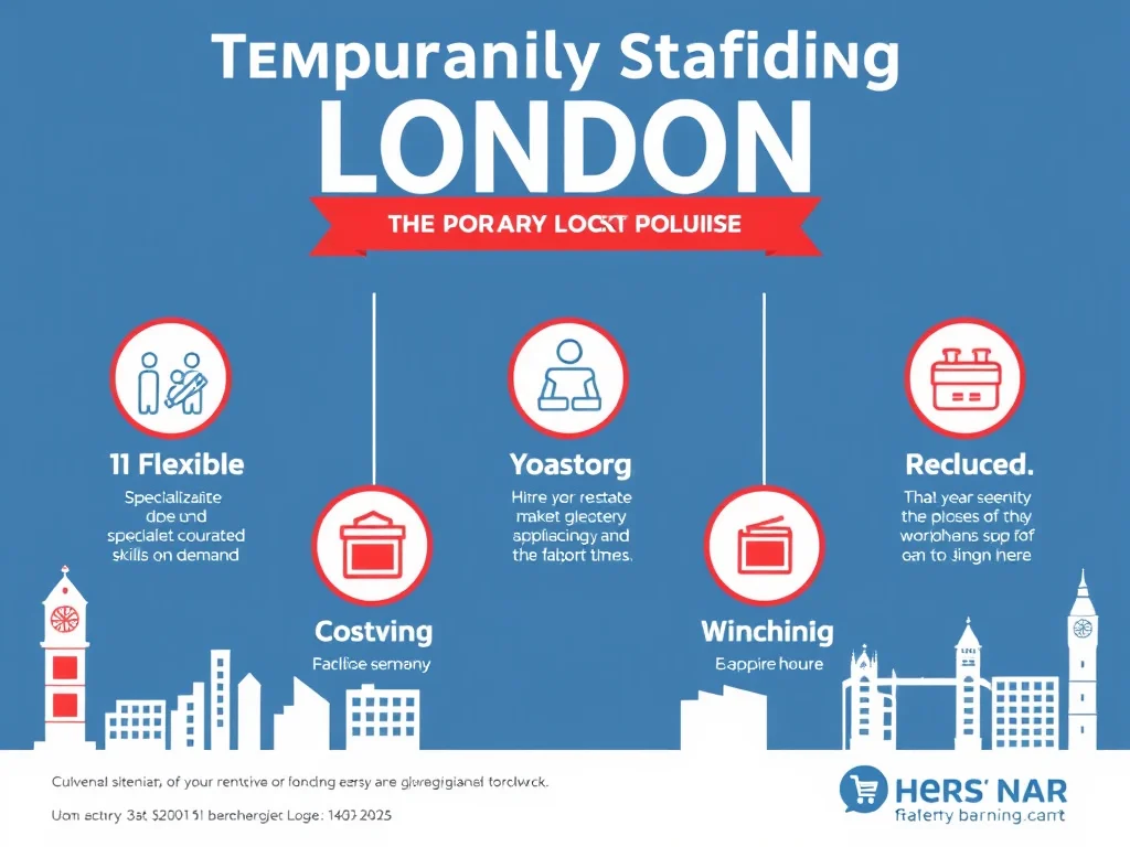 Infographic about temporary staffing in London, showing 5 key benefits: 1) Flexible workforce, 2) Specialized skills on-demand, 3) Cost-effective hiring, 4) Faster placement times, 5) Reduced administrative burden. Include simple icons, London-themed color scheme with red and blue, and staffing agency logo placeholder. Professional, clean design with statistics on London's temporary workforce.