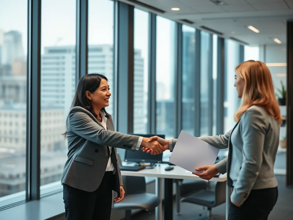 Professional banner image for a staffing agency, showing a business manager discussing staffing needs with a recruitment consultant in a modern London office. The image should be wide format (banner style), with clean corporate styling, suitable lighting, and subtle London elements visible through office windows. Professional attire, diverse representation, and a handshake to represent partnership. Modern, clean aesthetic suitable for a call-to-action banner.