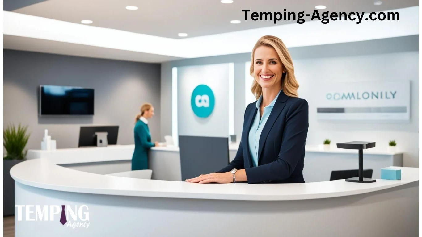 Hotel receptionist greeting guests